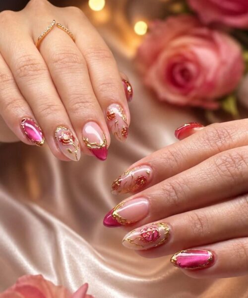 stained glass flower design with pink cat-eye polish on almond shaped nails. builder gel manicure.